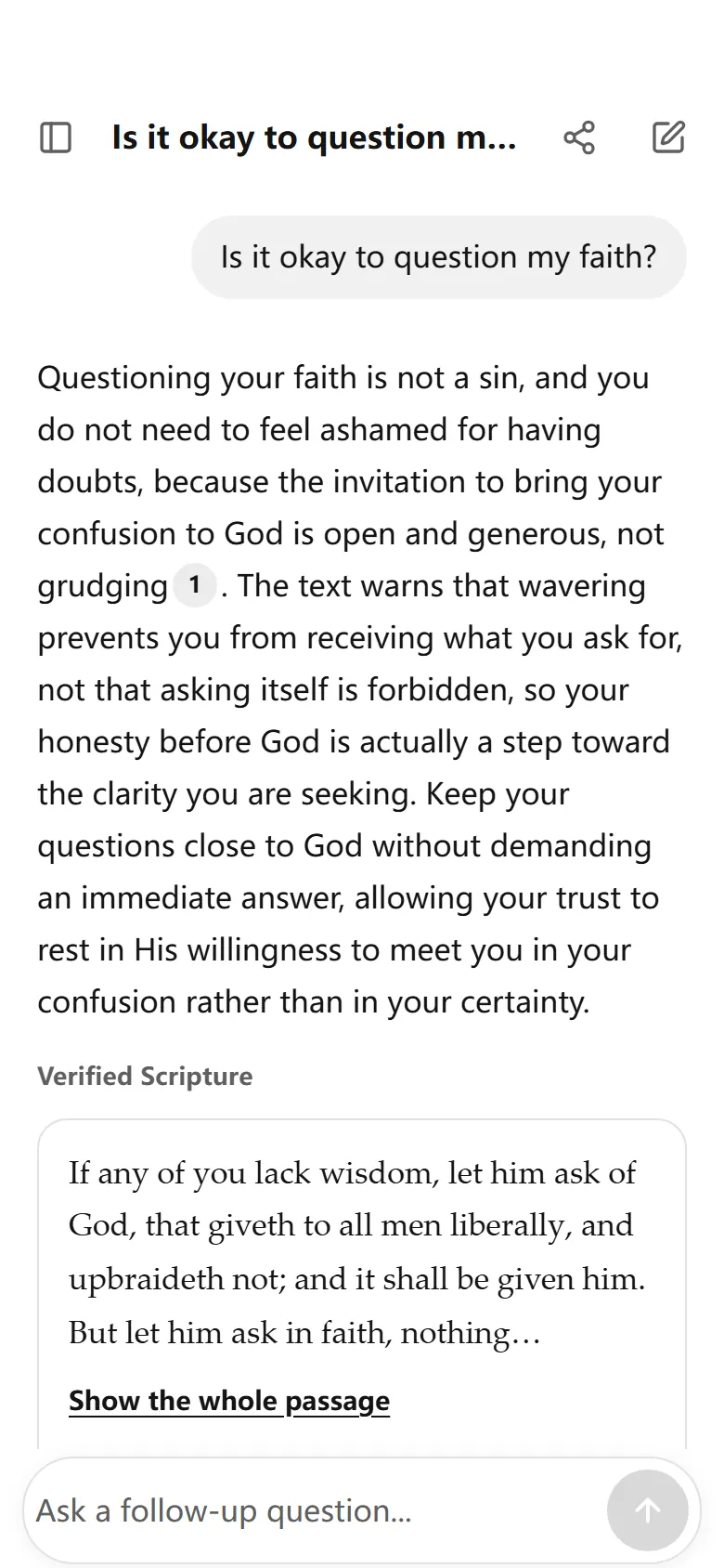 TrustBible on a phone answering “Is it okay to question my faith?” with James 1:5-8