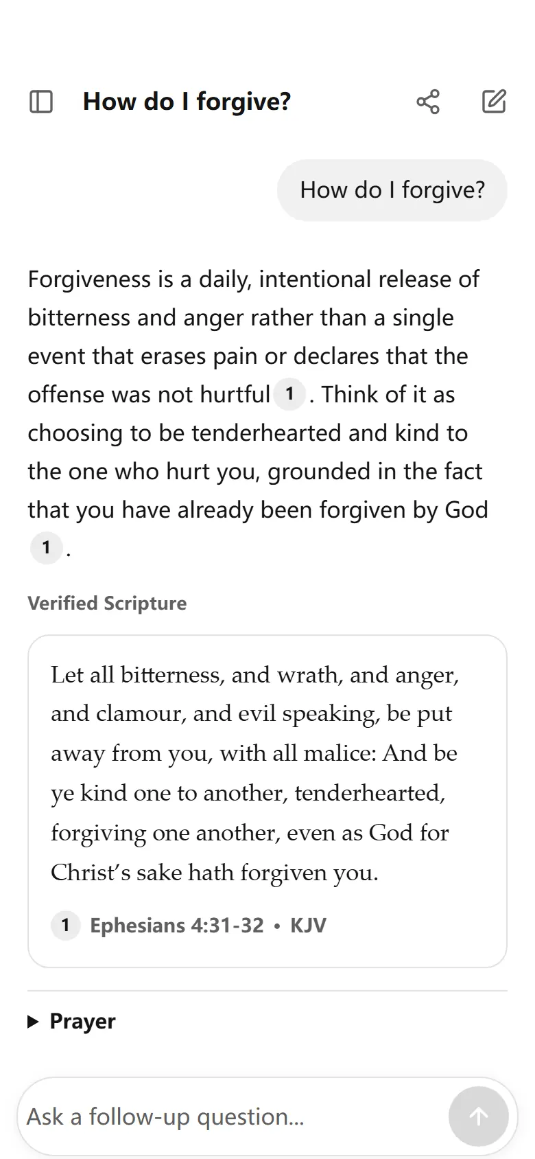 TrustBible on a phone answering “How do I forgive?” with Ephesians 4:31-32