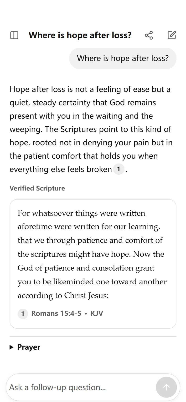 TrustBible on a phone answering “Where is hope after loss?” with Romans 15:4-5