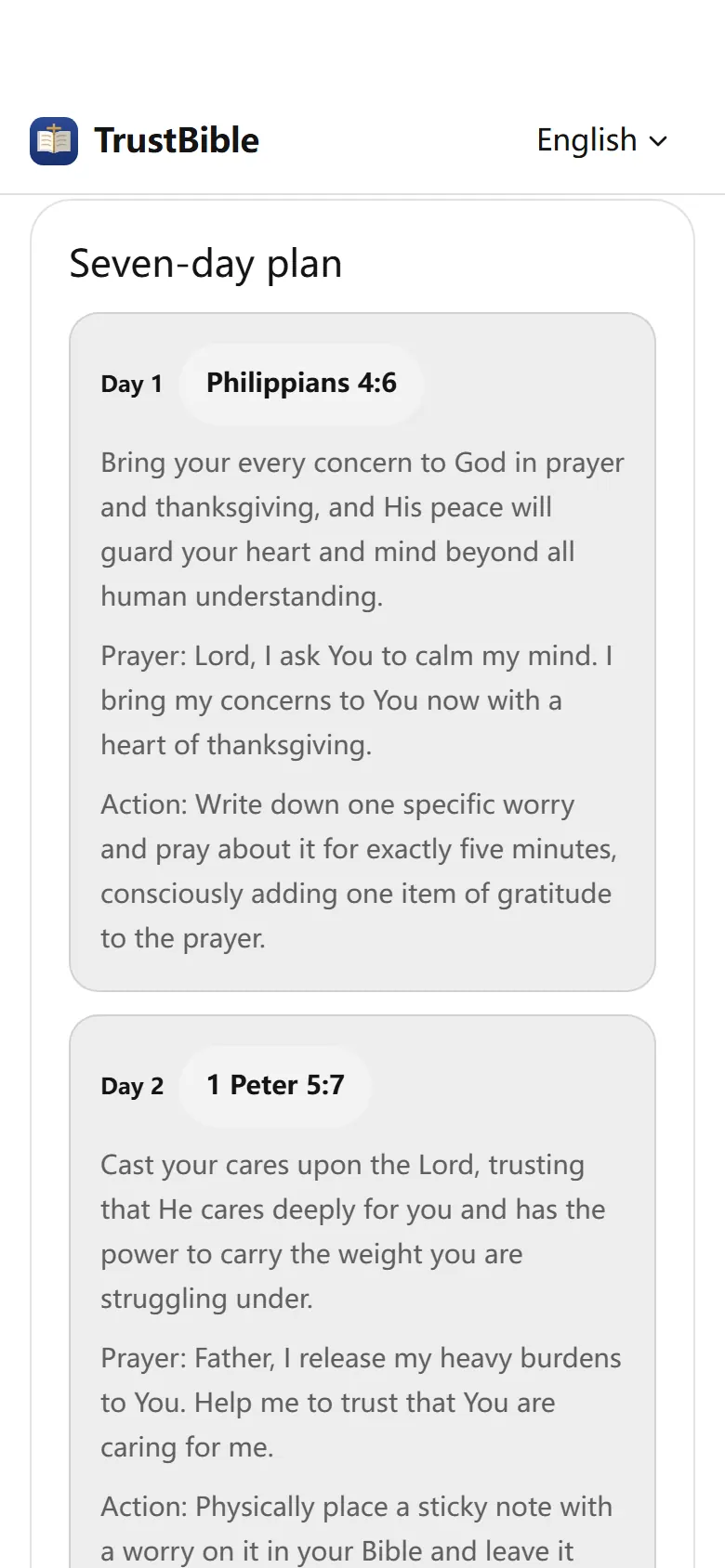 A TrustBible 7-day plan on a phone, day by day with verses