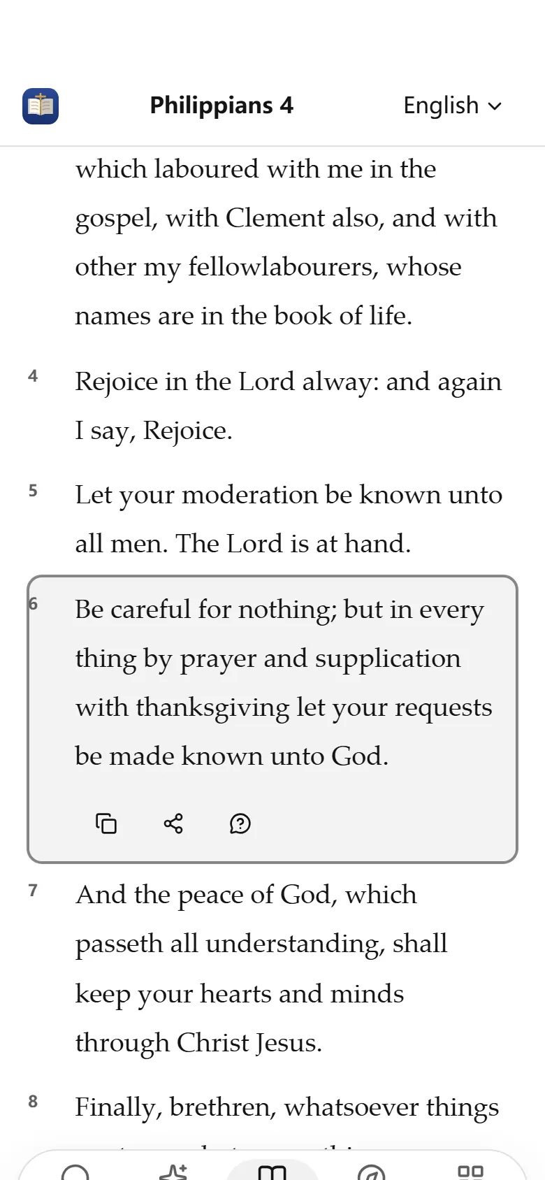 The TrustBible reader open at Philippians 4 with the cited verse highlighted